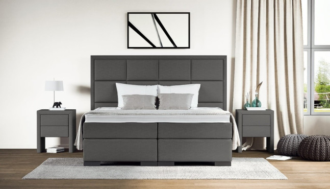Boxspringbett Vincent 180 x 200 cm in Adore Indigo mit 300 cm breitem Kopfteil