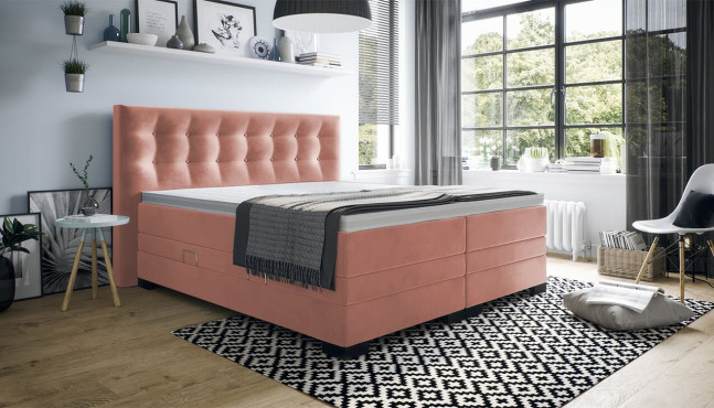 Boxspringbett Kate mit Kopfteil Moritz mit Seitenabstand. Eckige Füße in Buche.