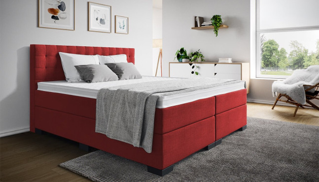 Mikrofeder Boxspringbett Paul  mit Kopfteil Moritz ohne Seitenabstand. Eckige Füße in Schwarz.