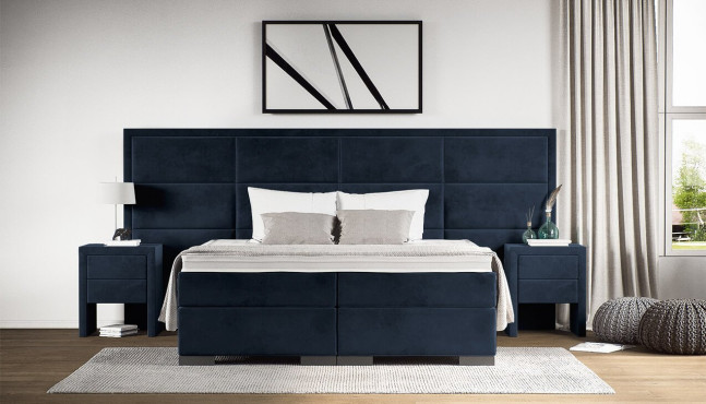 Boxspringbett Vincent 180 x 200 cm in Adore Indigo mit 300 cm breitem Kopfteil