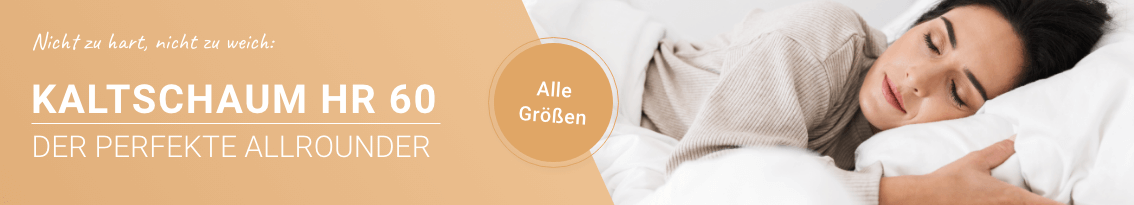 Frau schläft entspannt auf weißem Kissen und Decke, Text zu Kaltschaum HR 60 als perfekter Allrounder in allen Größen